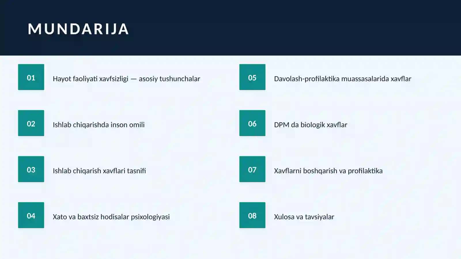 Hayot faoliyati xavfsizligini ta'minlash asoslari. Ishlab chiqarish muhitida inson omili. Davolash-p 2