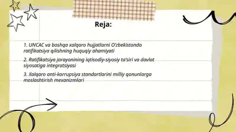 Korrupsiyaga qarshi kurash bo’yicha xalqaro qonunlar va qarorlarning O’zbekistonda ratifikatsiya qilishning ahamiyati,iqtisodiy-siyosiy va ijtimoiy huquqiy mexanizmlari 2