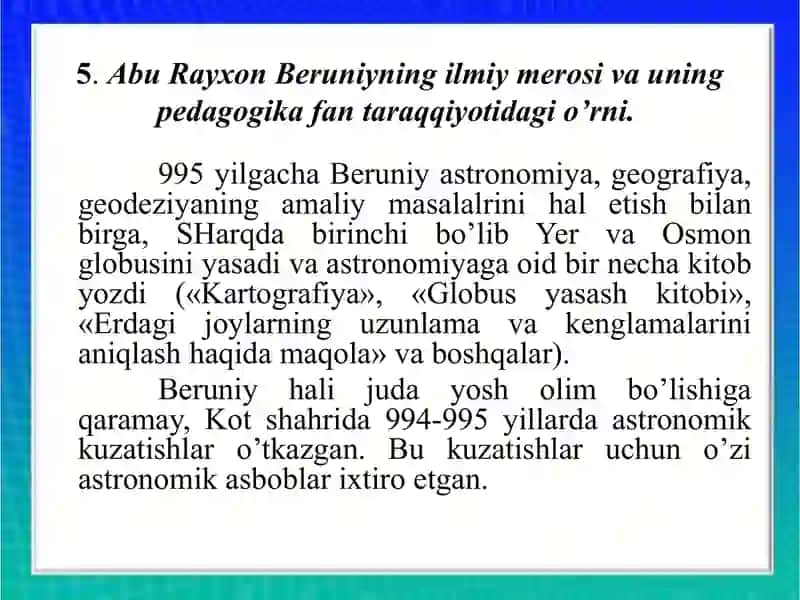 ABU RAYHON BERUNIYNING TA'LIM TARBIYAVIY QARASHLARI 2