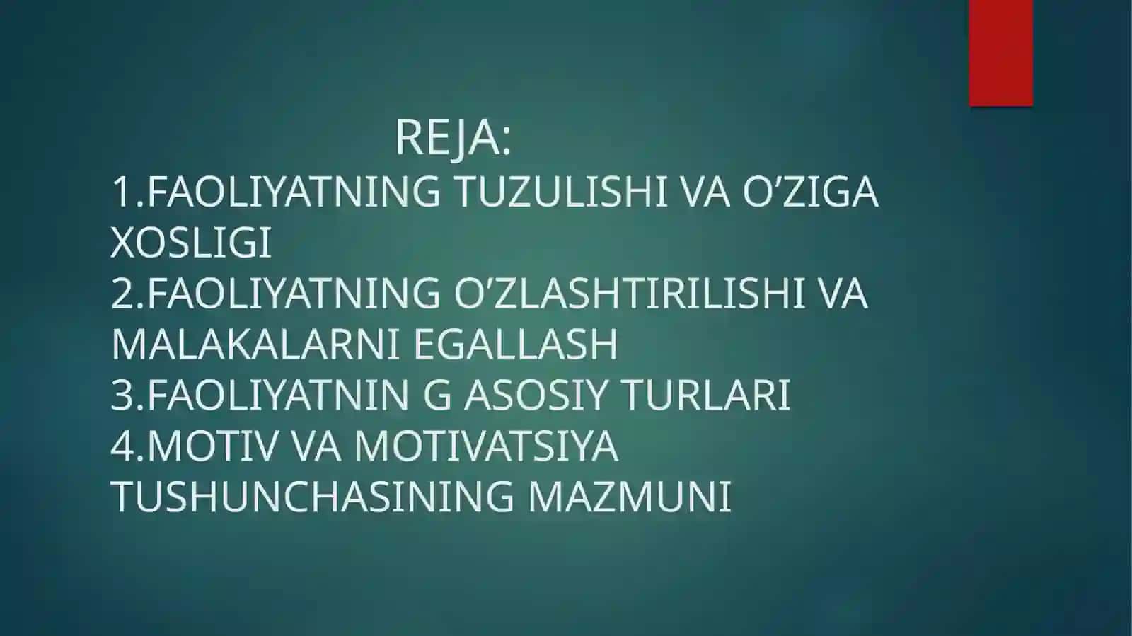 FAOLIYATO’ZLASHTIRILISHI VA MALAKASINI O’RGANISH 2