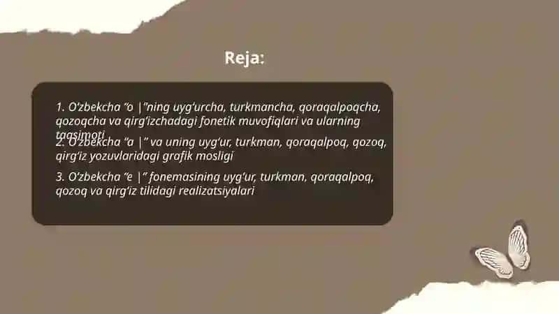 Oʻzbekcha o |, |a |, |e |ning uygʻur, turkman, qoraqalpoq qozoq, qirgʻiz matnlarida muvofiqlari ustida ish 2