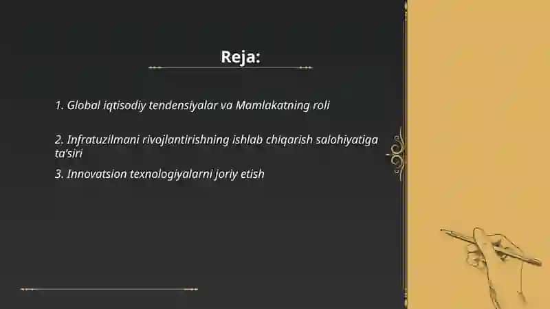 Mamlakat ishlab chiqarish salohiyatining oshirishi va jahon iqtisodiy tizimiga integratsiyalashuvi 2