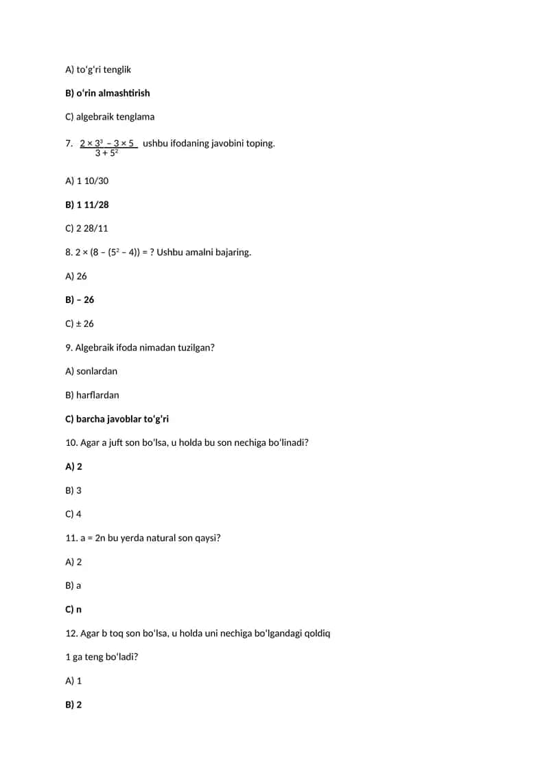 7 – sinf. Algebra fanidan Mavzulashtirilgan test savollari 2
