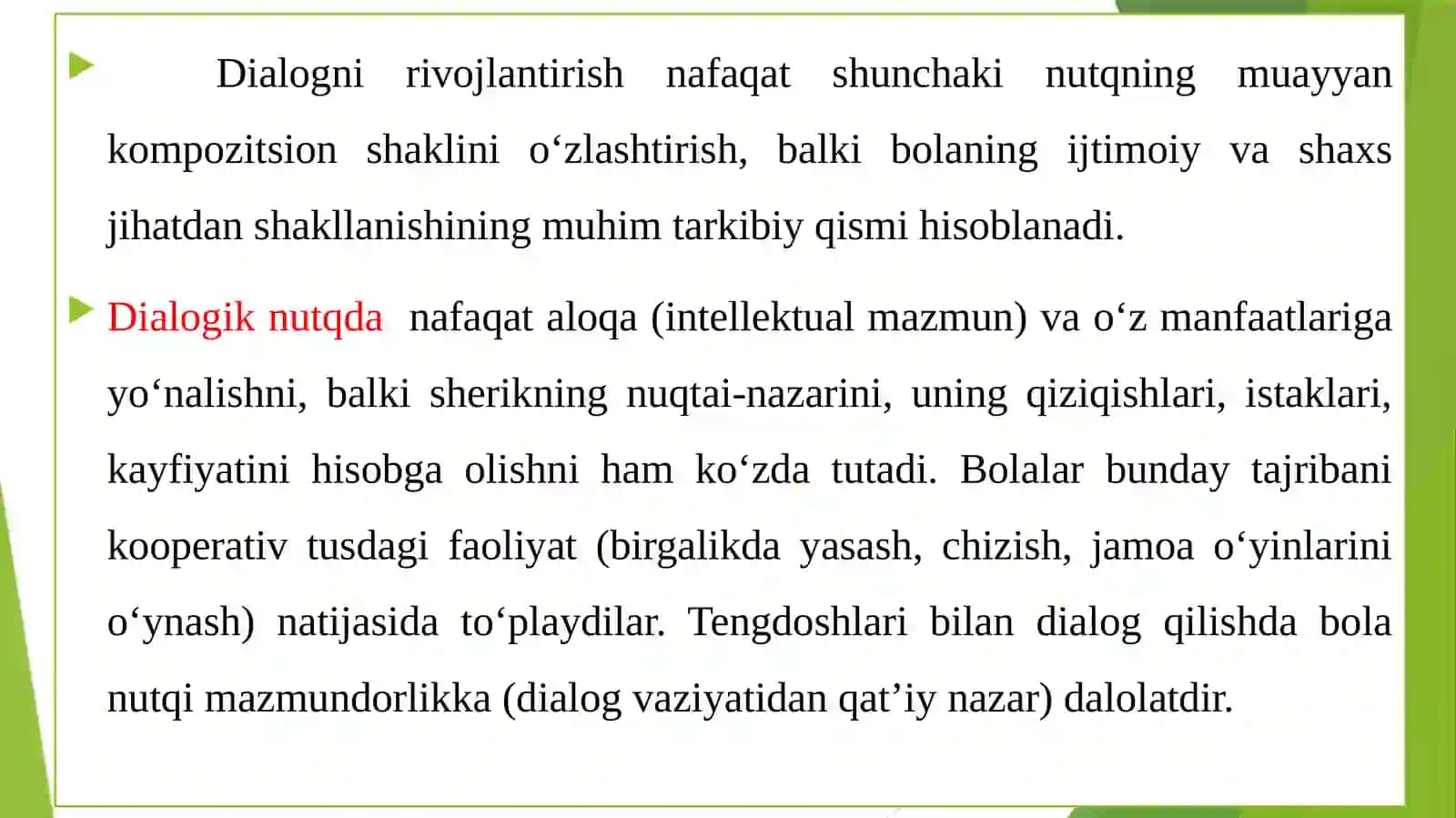 Bolalarning ijtimoiy va shaxs sifatida shakllanishida dialogik nutqning ahamiyati. Maktabgacha yoshdagi bolalarni monologik nutqqa o‘rgatish metodikasi 2