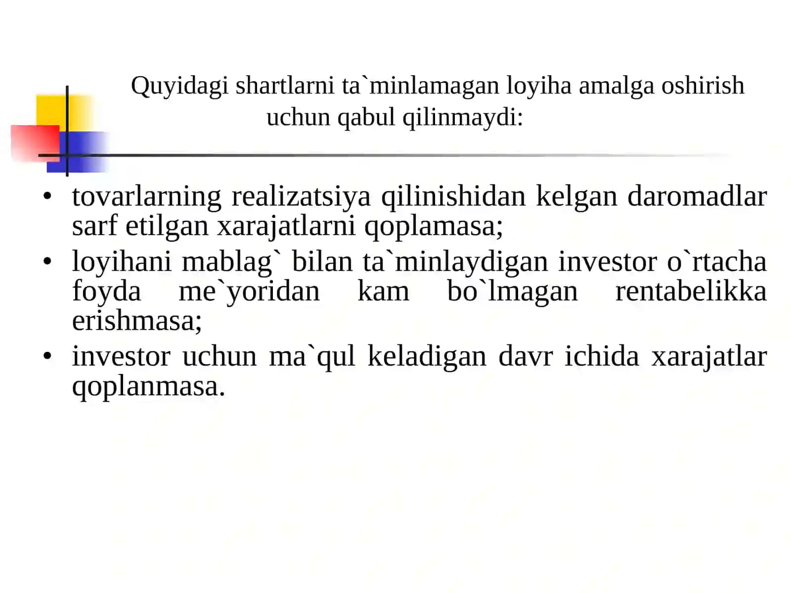 INVESTITSIYA LOYIHALARINI MOLIYAVIY- IQTISODIY BAHOLASHNING USLUBIY ASOSLARI (6-SOAT) 2