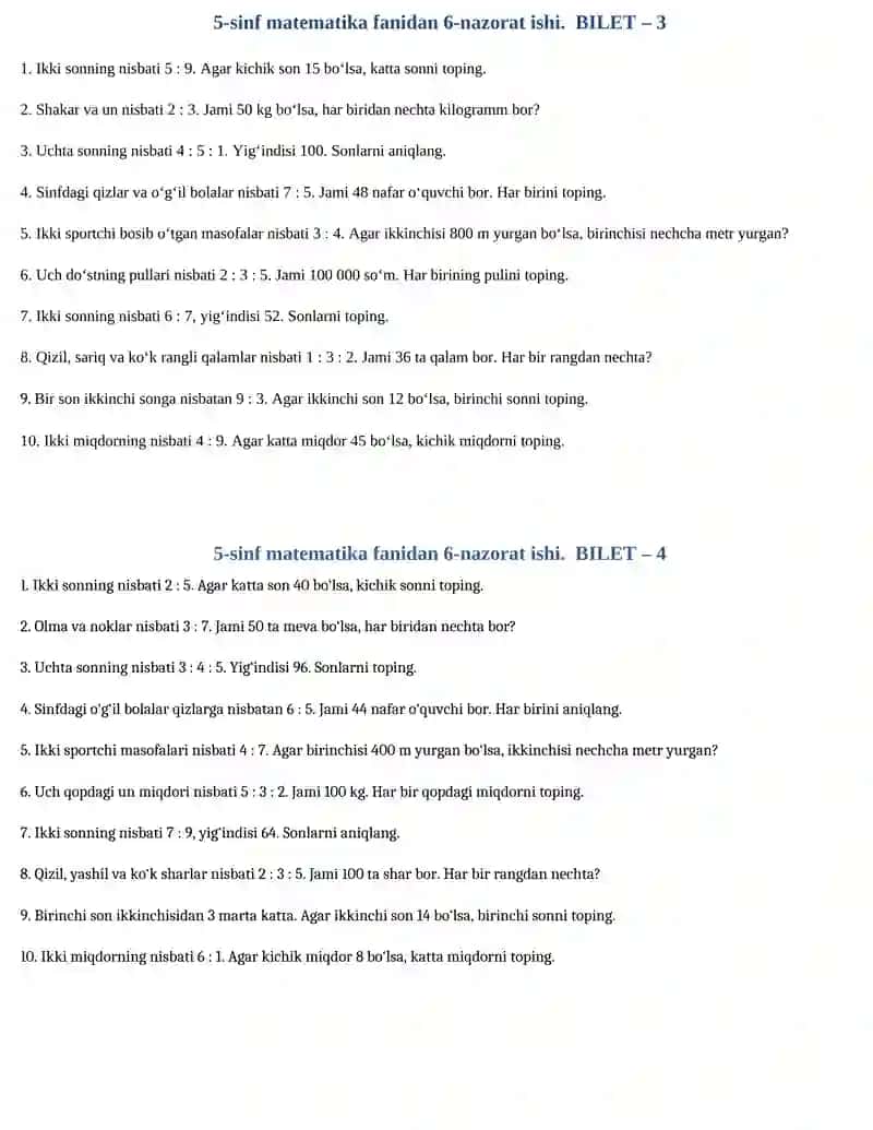 5-sinf matematika fanidan 6-nazorat ishi. BILET – 1 2