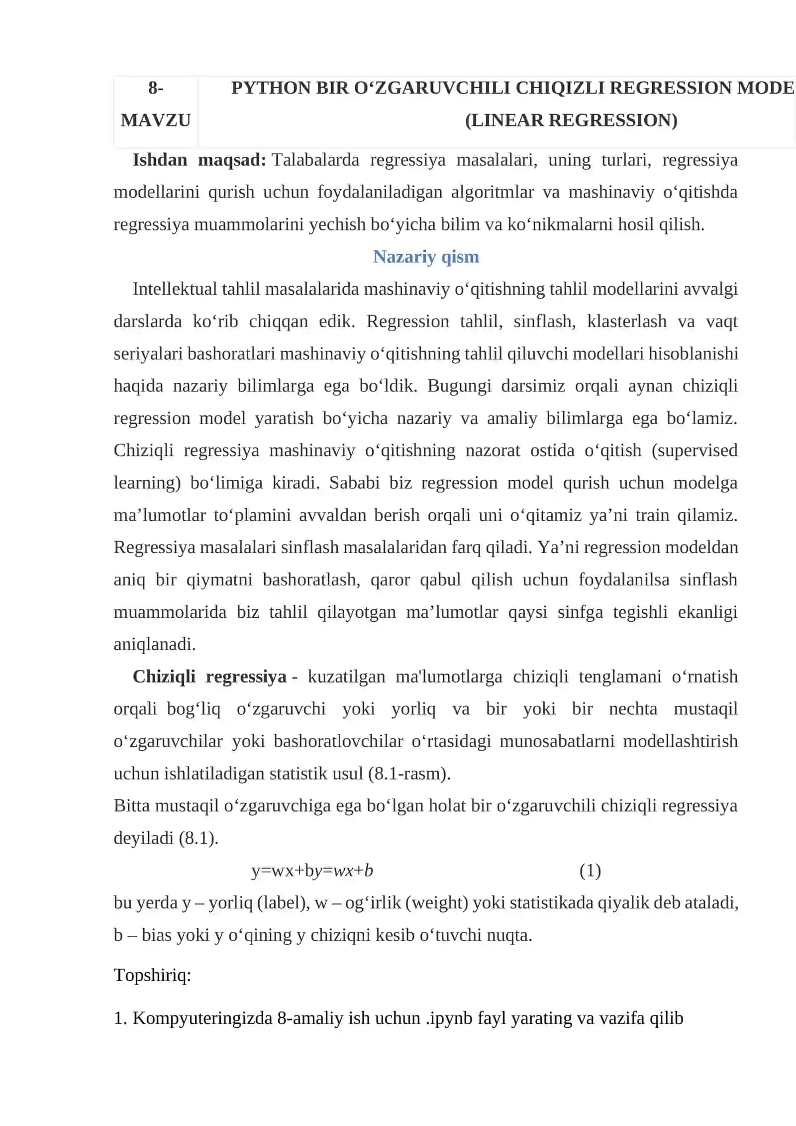 PYTHON BIR O‘ZGARUVCHILI CHIQIZLI REGRESSION MODEL YARATISH (LINEAR REGRESSION) 2