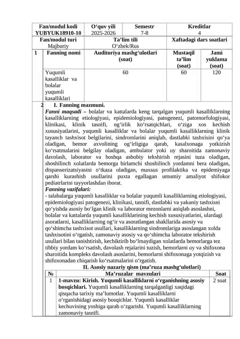 "YUQUMLI KASALLIKLAR" MODULIDAN ISHCHI O‘QUV DASTURI 2