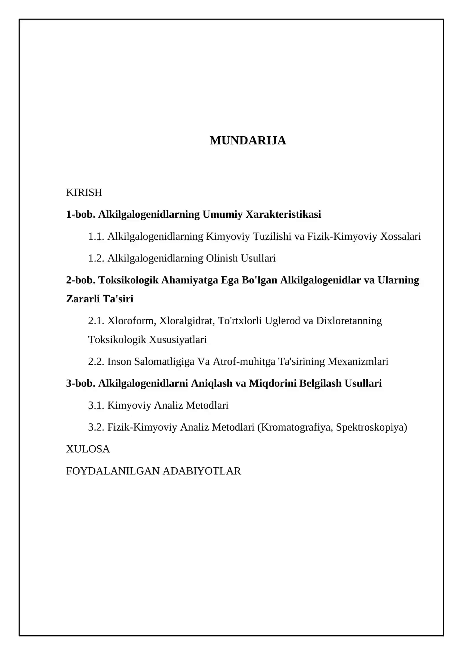Alkilgalogenidlar(xloroform,xloralgidrat,toʻrtxlorli uglerod dixloretan).Toksikoglogik ahamiyati va tahlil usullari 2