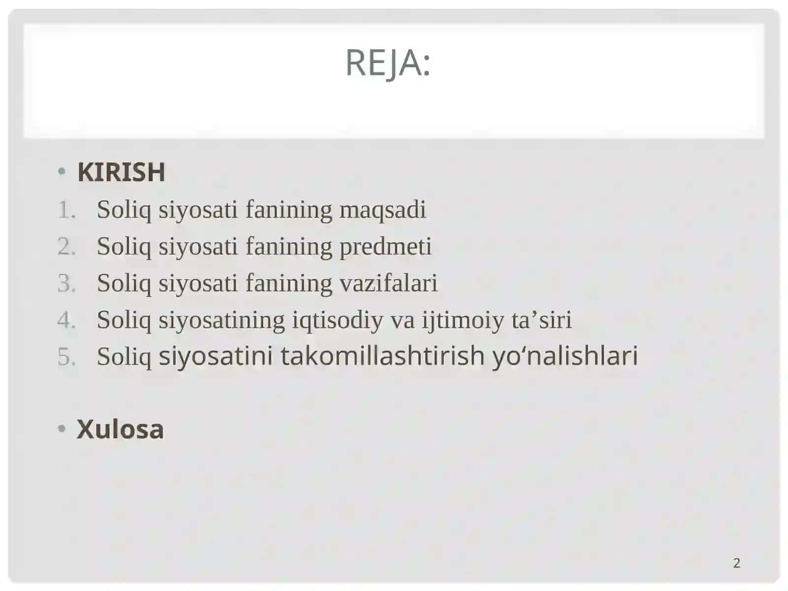 SOLIQ SIYOSATI FANINING MAQSADI, PREDMETI, VA VAZIFALARI 2
