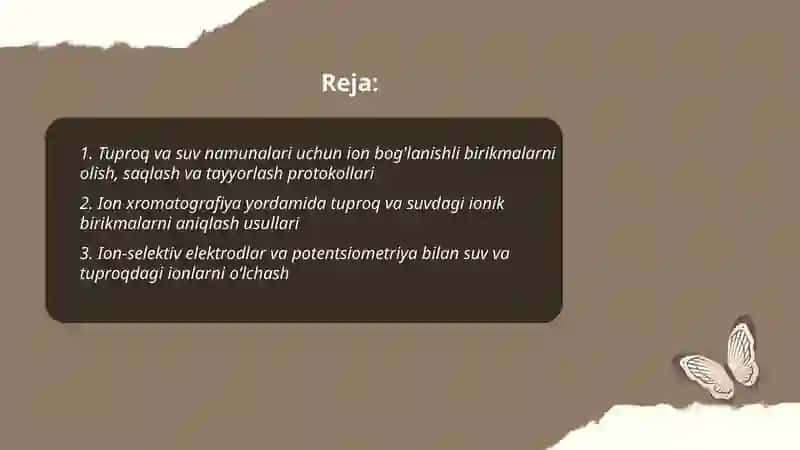 Tuproq va suvning ifloslanishida ion bog'lanishli birikmalarni aniqlab ulardan tozalash usulini ishlab chiqish 2