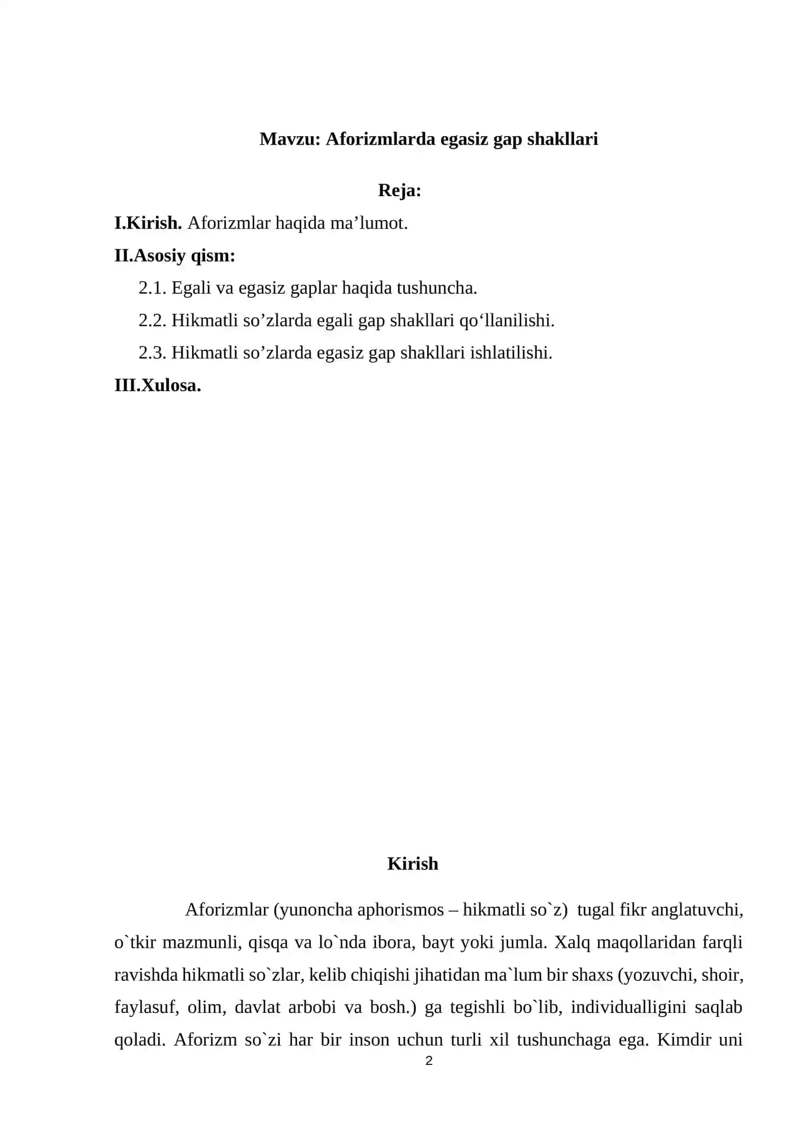 Aforizmlarda egasiz gap shakllari KURS ISHI 2