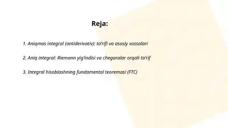 Aniqmas va aniq integrallar, aniq integralning tadbiqlari 2