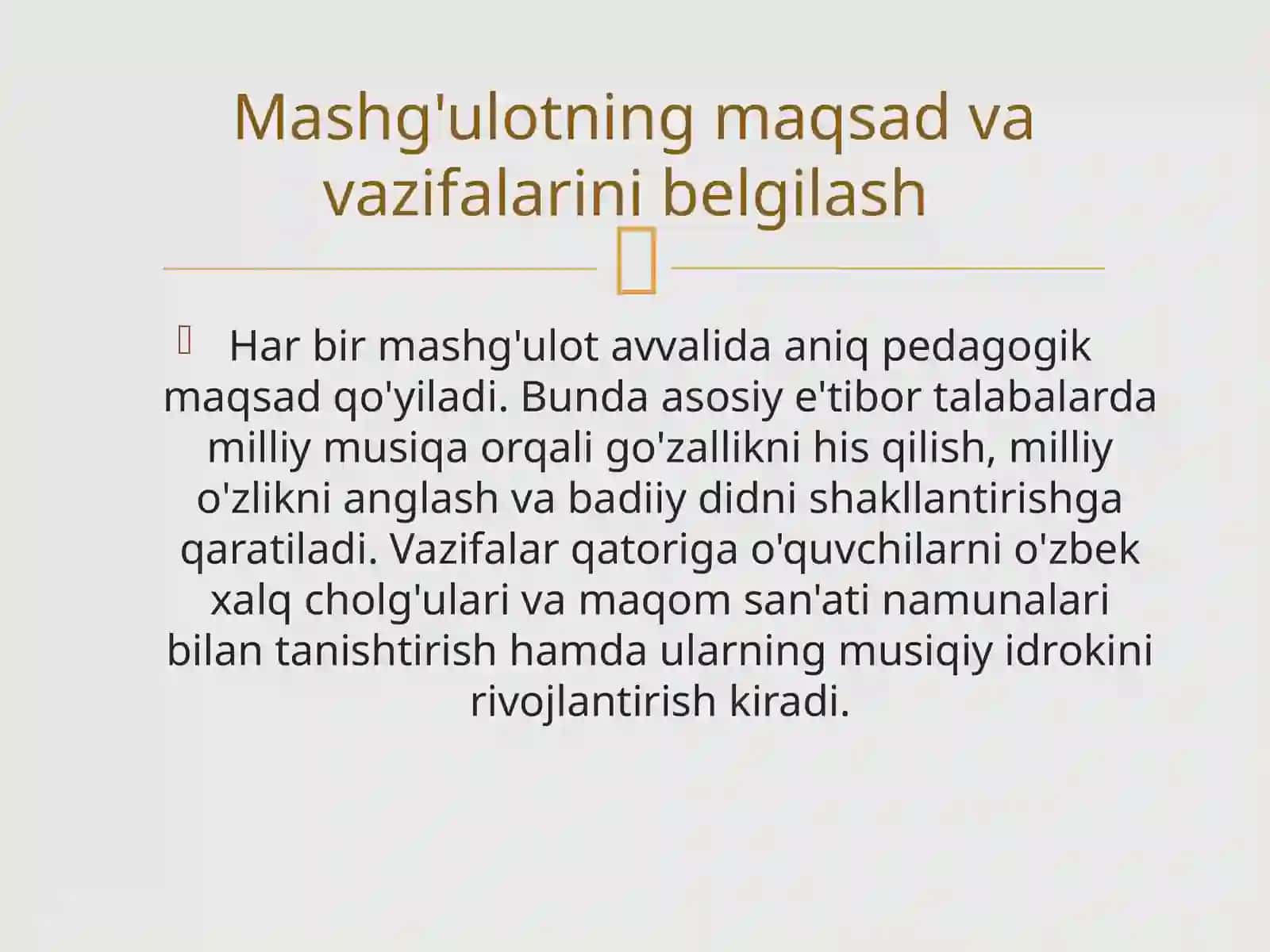 Milliy Musiqa Asosida Estetik Tarbiya Mashg'ulotining Namunaviy Ishlanmasi 2