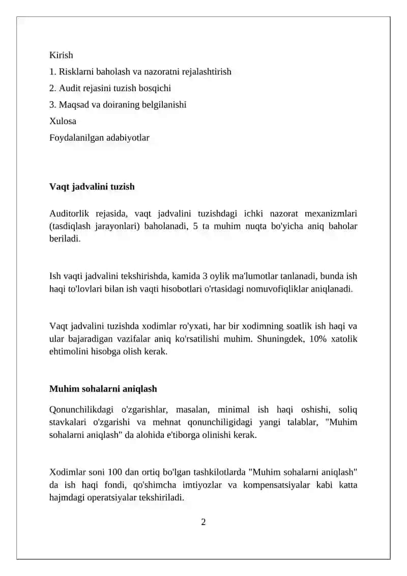 Mehnat haqi bo'yicha hisob-kitoblar auditini rejalashtirish bosqichi 2