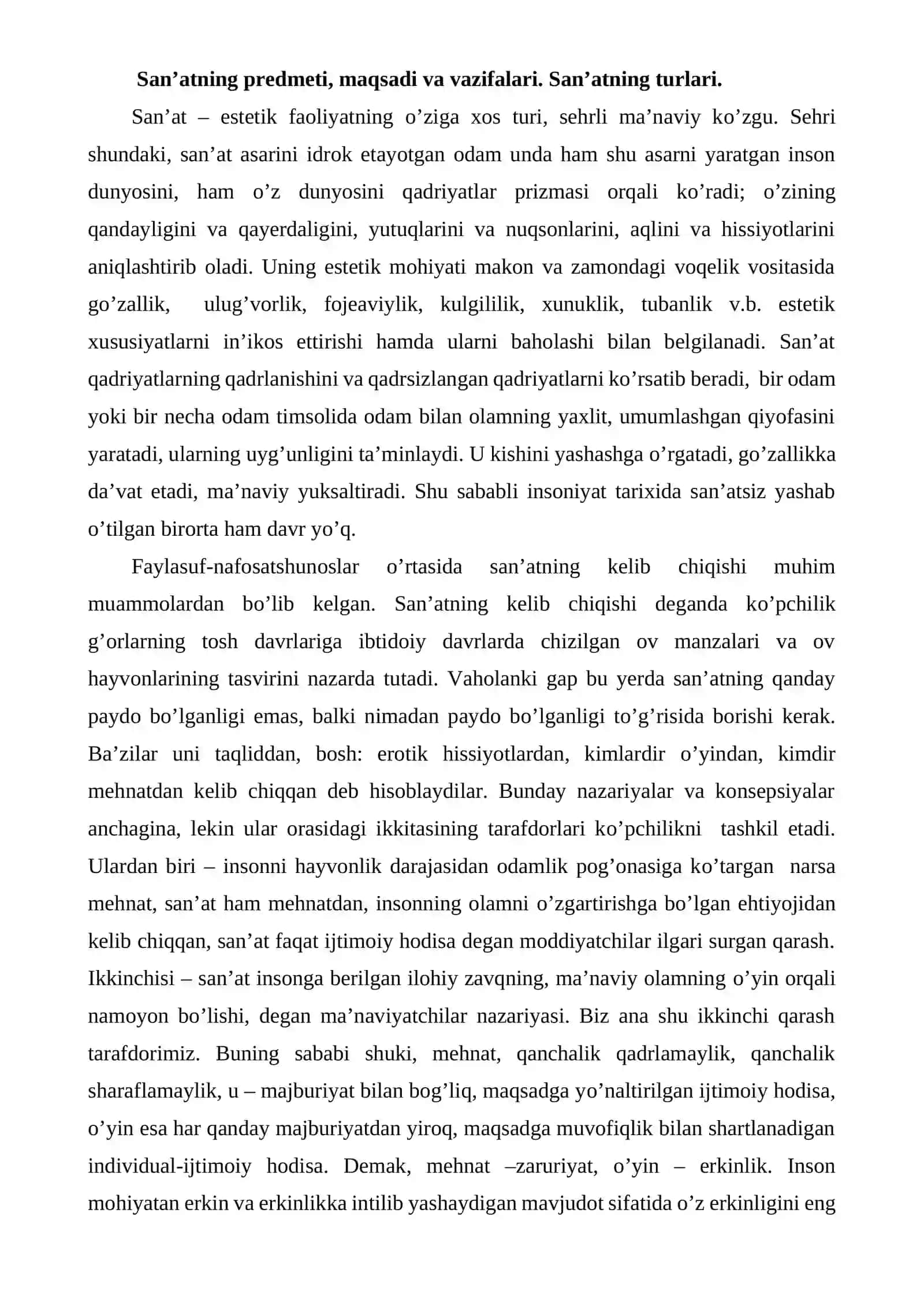 San’atning vujudga kelishi, uning turlari va o’zaro aloqadorligi 2
