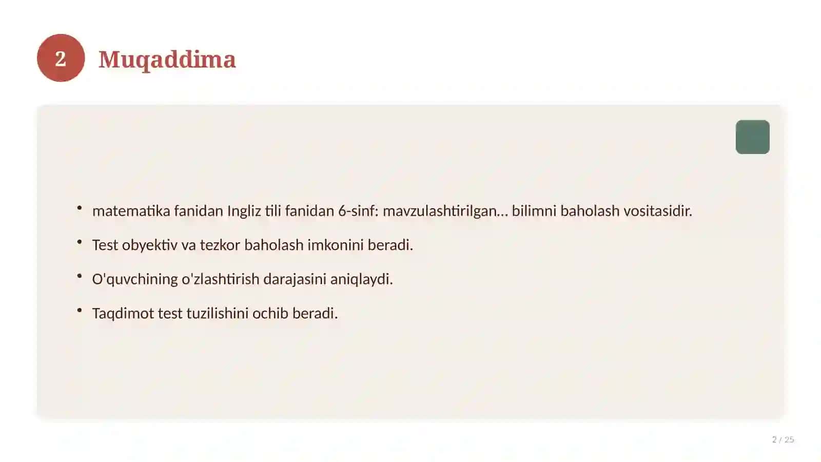 Ingliz tili fanidan 6-sinf: mavzulashtirilgan nazorat ishi va tahlil 2
