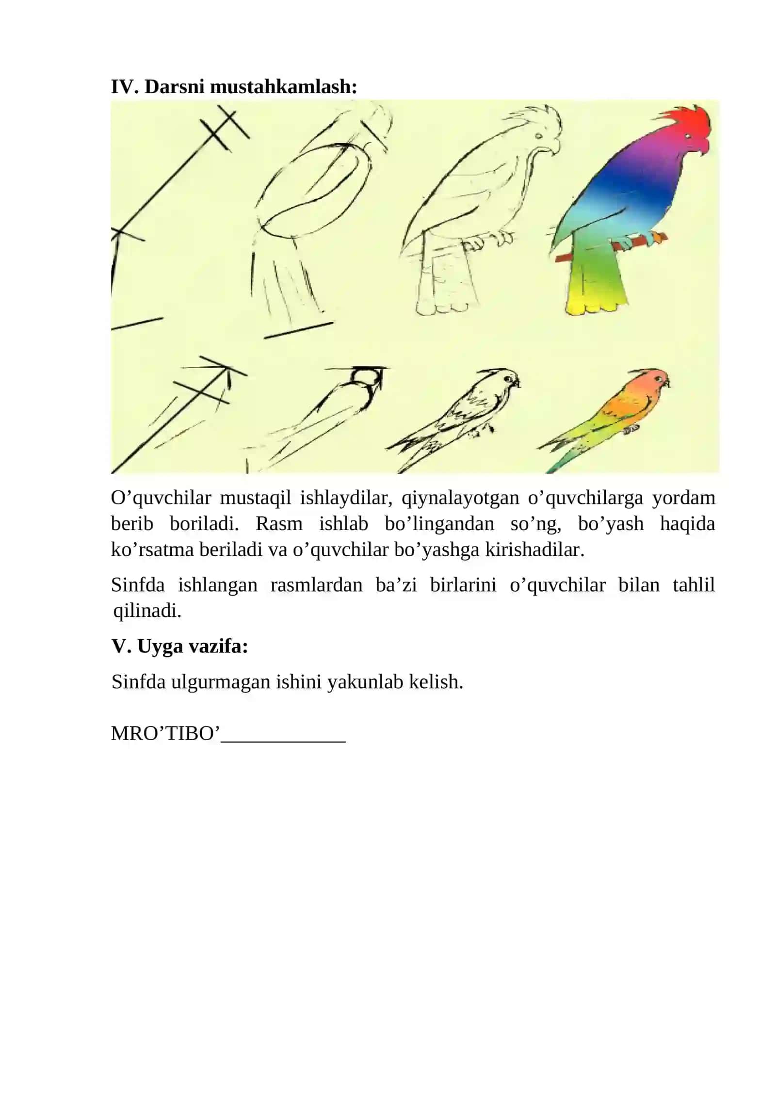4-sinf Tasviriy san'at Qushlar mavzusida rasm ishlash dars ishlanma 2