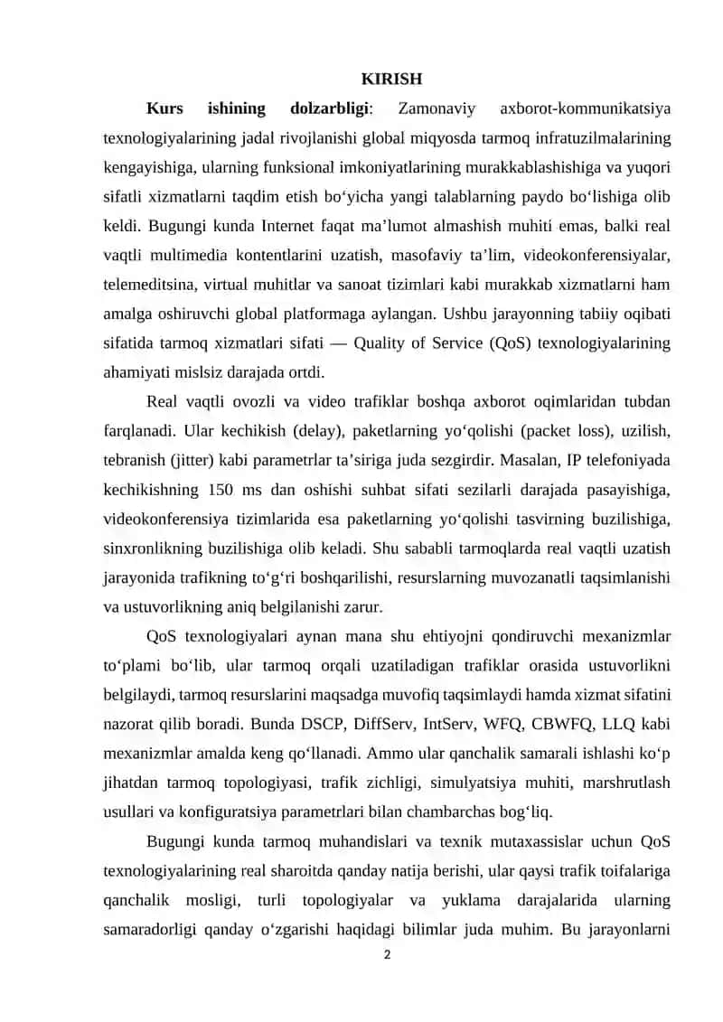 KI12 QoS texnologiyasining real vaqtli ovozli va video uzatishda ishlashini simulyatsiya orqali tahlil qilish. 2