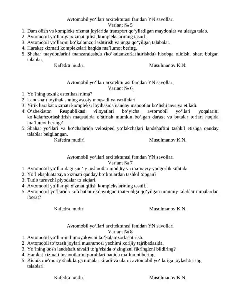 Avtomobil yo‘llari arxitekturasi fanidan YN savollari 2