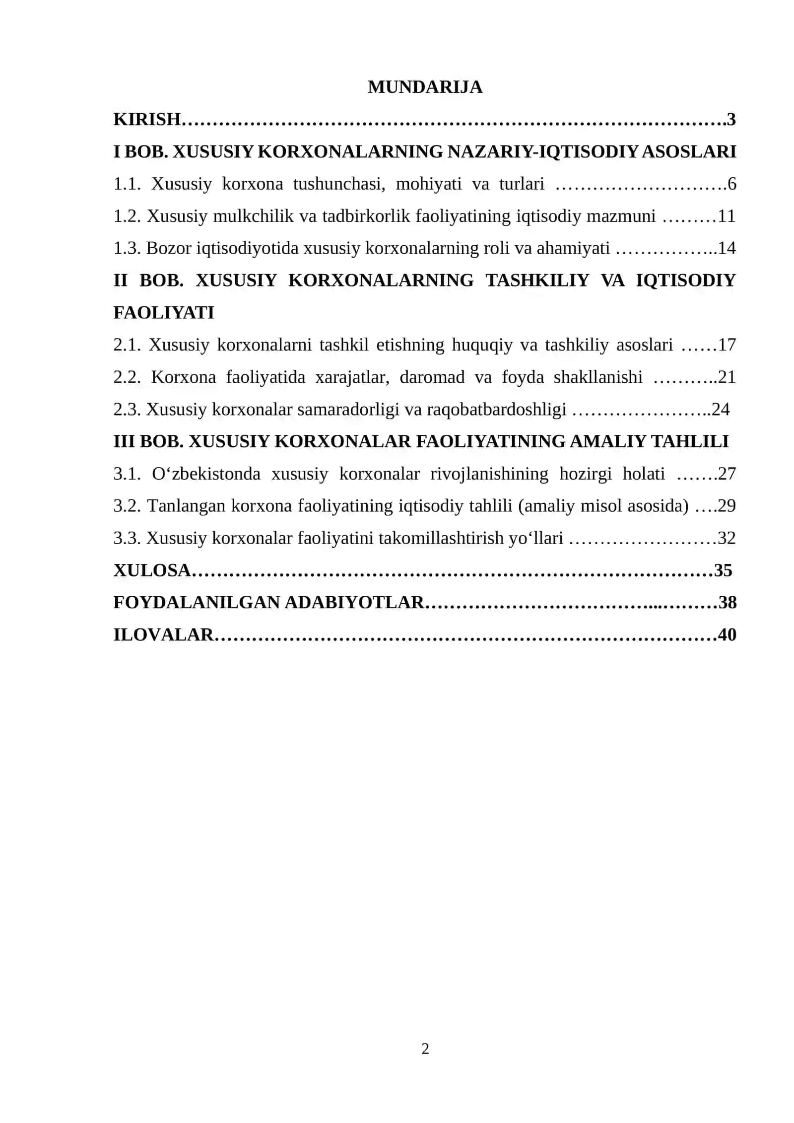 “XUSUSIY KORXONALARNING TASHKILIY-IQTISODIY ASOSLARI” MAVZUSIDAGI KURS ISHI 2