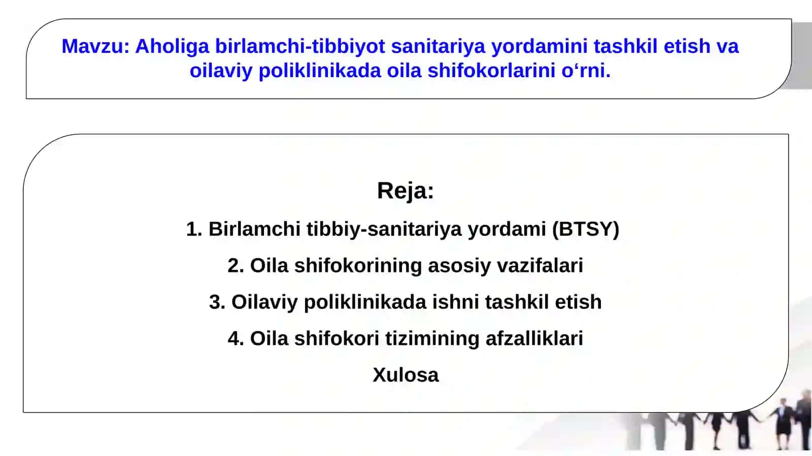 Aholigabirlamchi-tibbiyotsanitariyayordaminitashkiletishvaoilaviypoliklinikadaoilashifokorlarinio‘rni 2