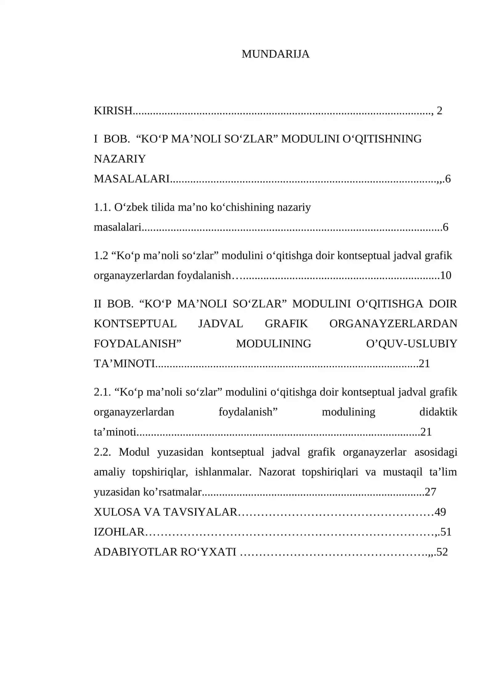 “Ko‘p ma’noli so‘zlar”modulini o‘qitishda kontseptual jadval grafik organayzerlardan foydalanish” mavzusidagi BITIRUV ISHI 2
