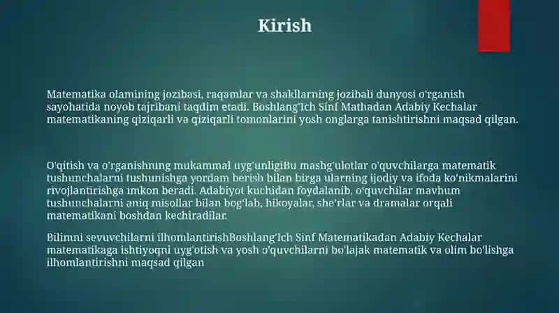 BoshlangʻIch Sinf Matematikadan Adabiy Kechalarni Tashkil Etish 2