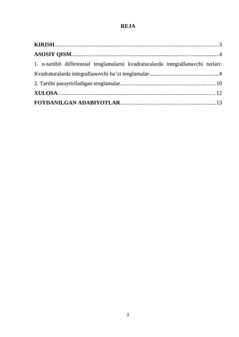 n-tartibli differensial tenglamalarni kvadratularda integrallanuvchi turlari. Tartibi pasaytiriladigan tenglamalar 2