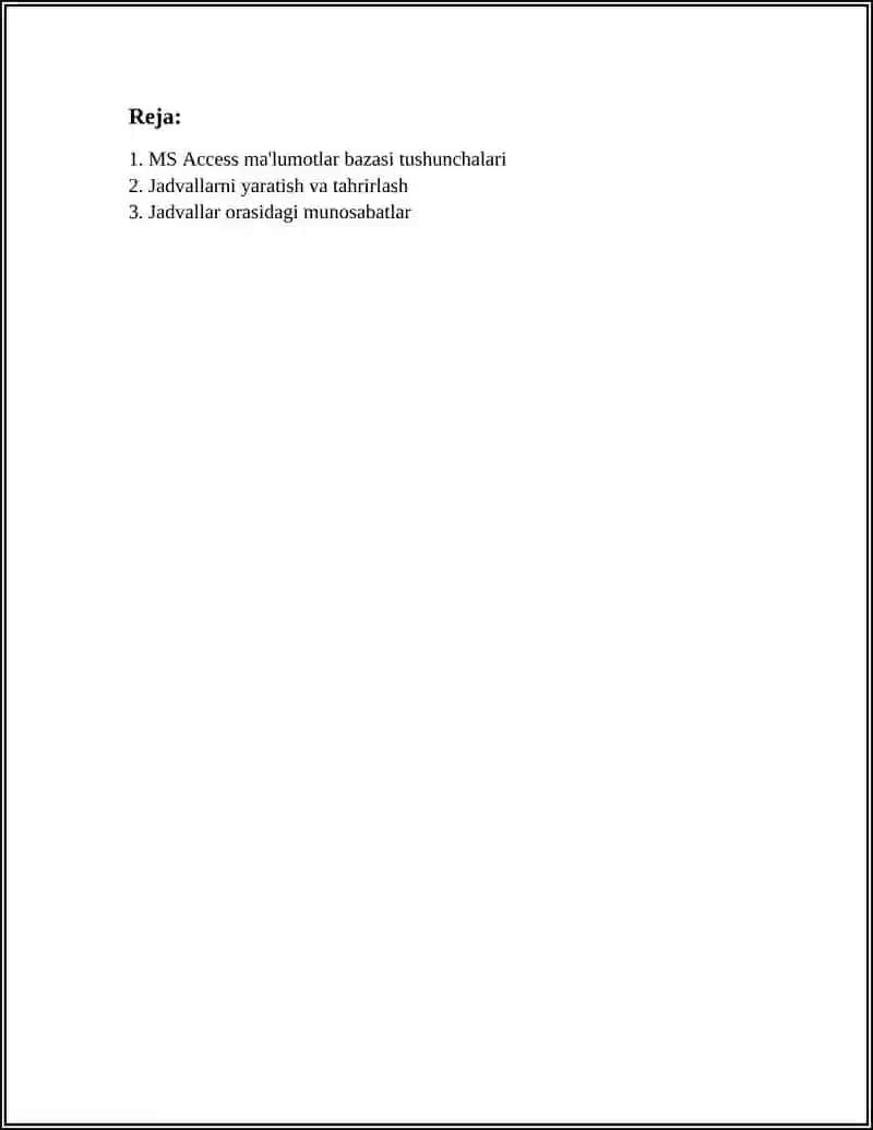 MS ACCESSDA JADVALLARNI O'ZARO BOG'LASH 2