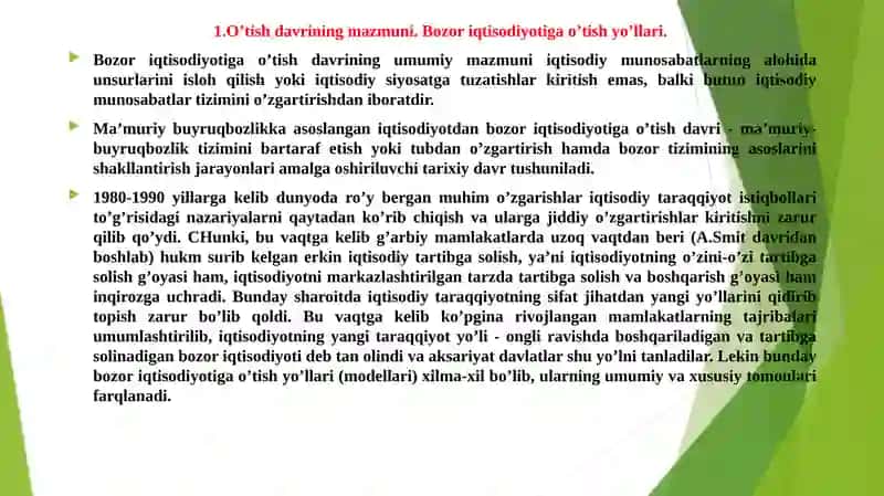 Bozor Iqtisodiyotiga O’tish Davri va uning O’zbekistondagi Xususiyatlari 2