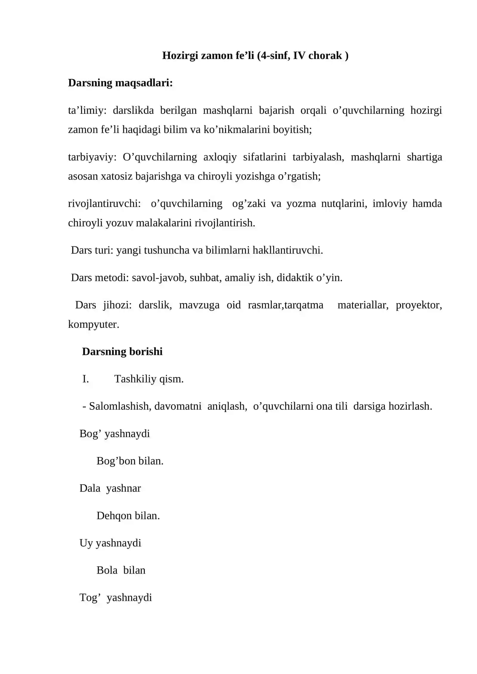 4-sinf Ona tili fanidan Hozirgi zamon fe'li mavzusida dars ishlanma 2