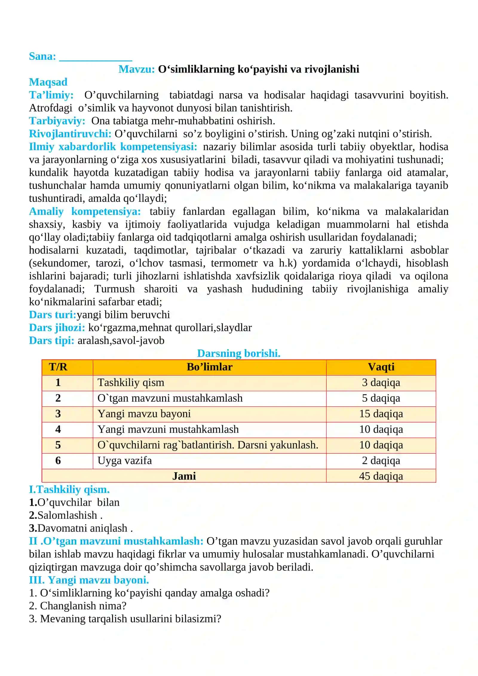 3-sinf Tabiiy fan (Science) O'simliklarning ko'payishi va rivojlanishi dars ishlanma 2