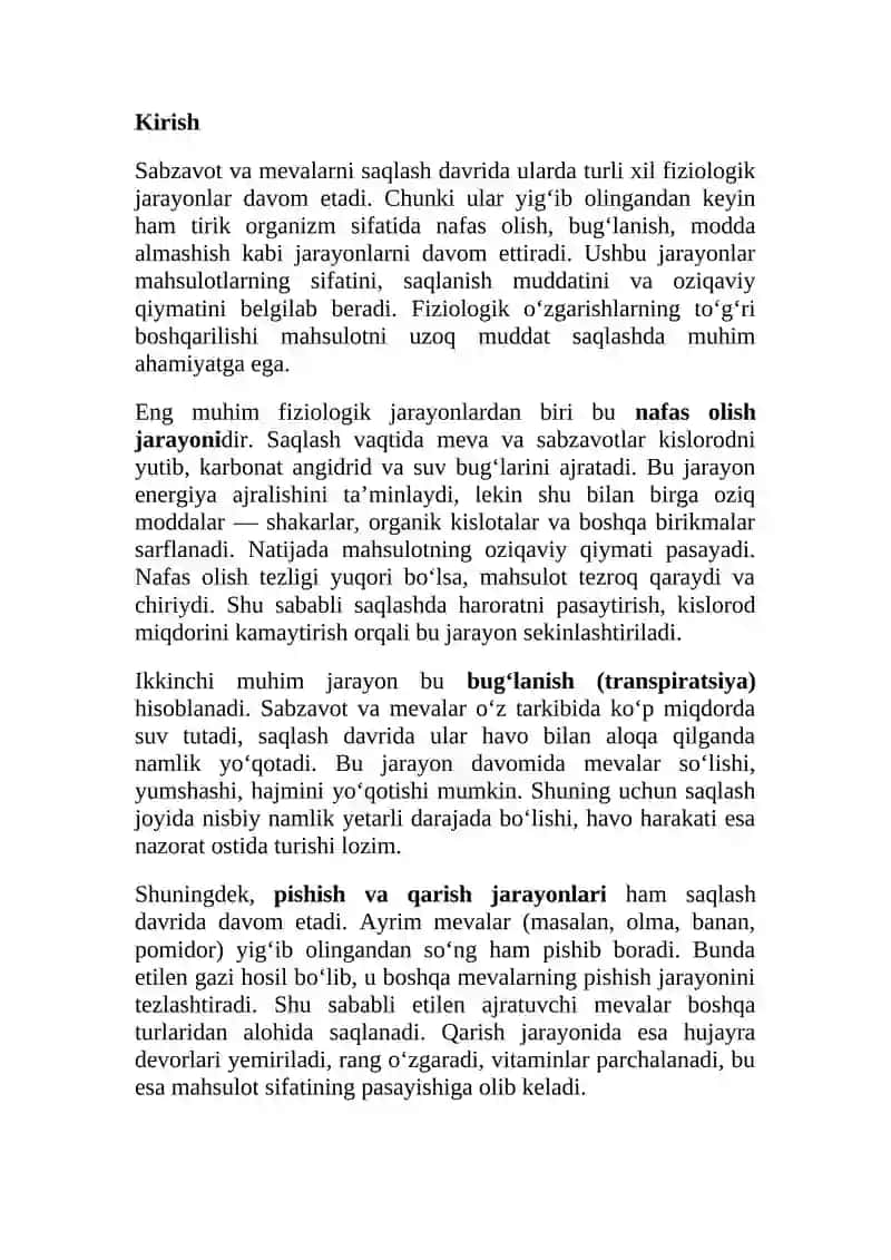 Sabzavоt va mеvalarni saqlash davrida ro`y bеradigan fiziоlоgik jarayonlar. 2