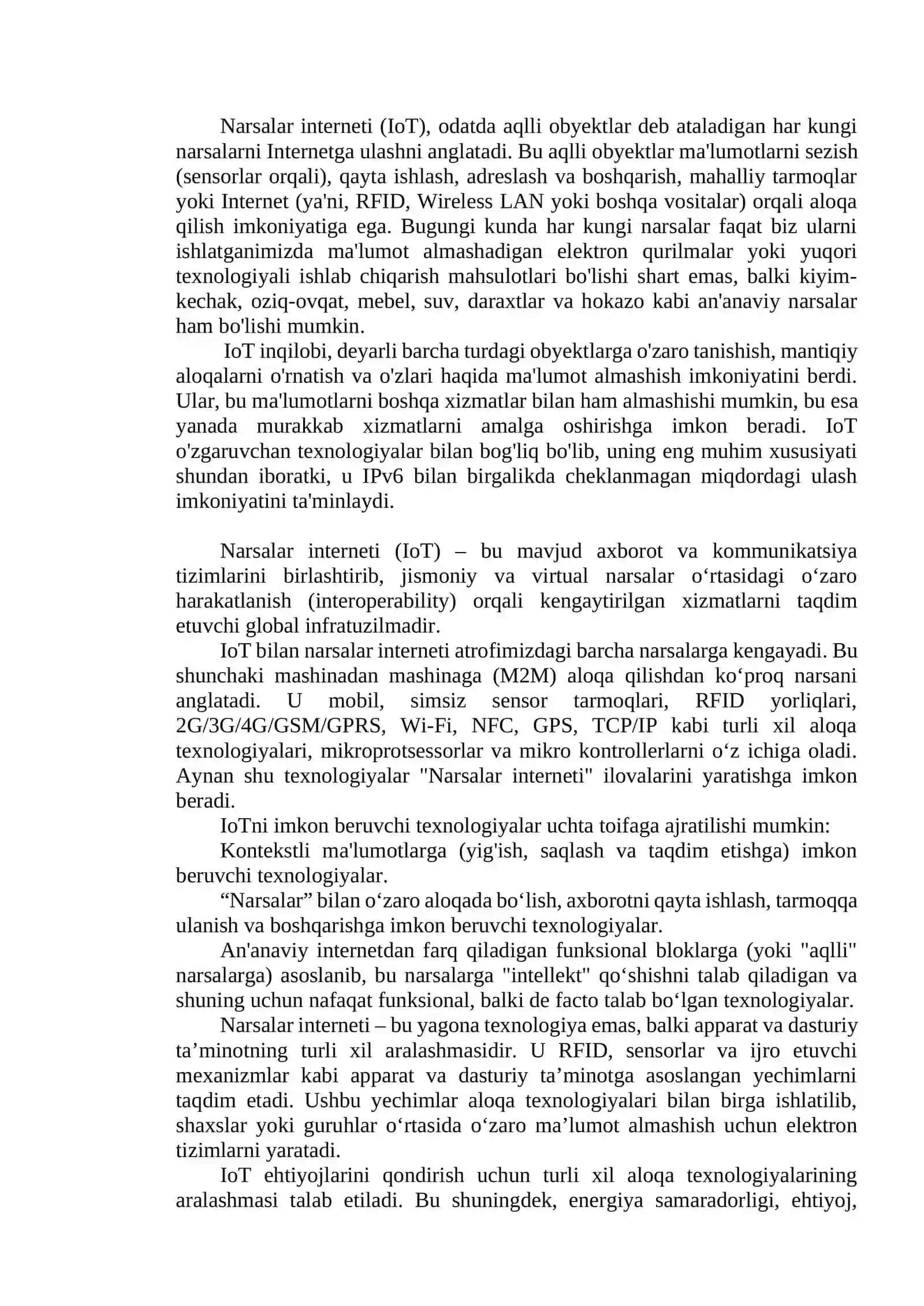 Narsalar interneti (IoT) – Ta’rifi, Xususiyatlari, Arxitekturasi, Imkoniyat beruvchi Texnologiyalar, Qo’llanilishi va Kelajakdagi Muammolar 2