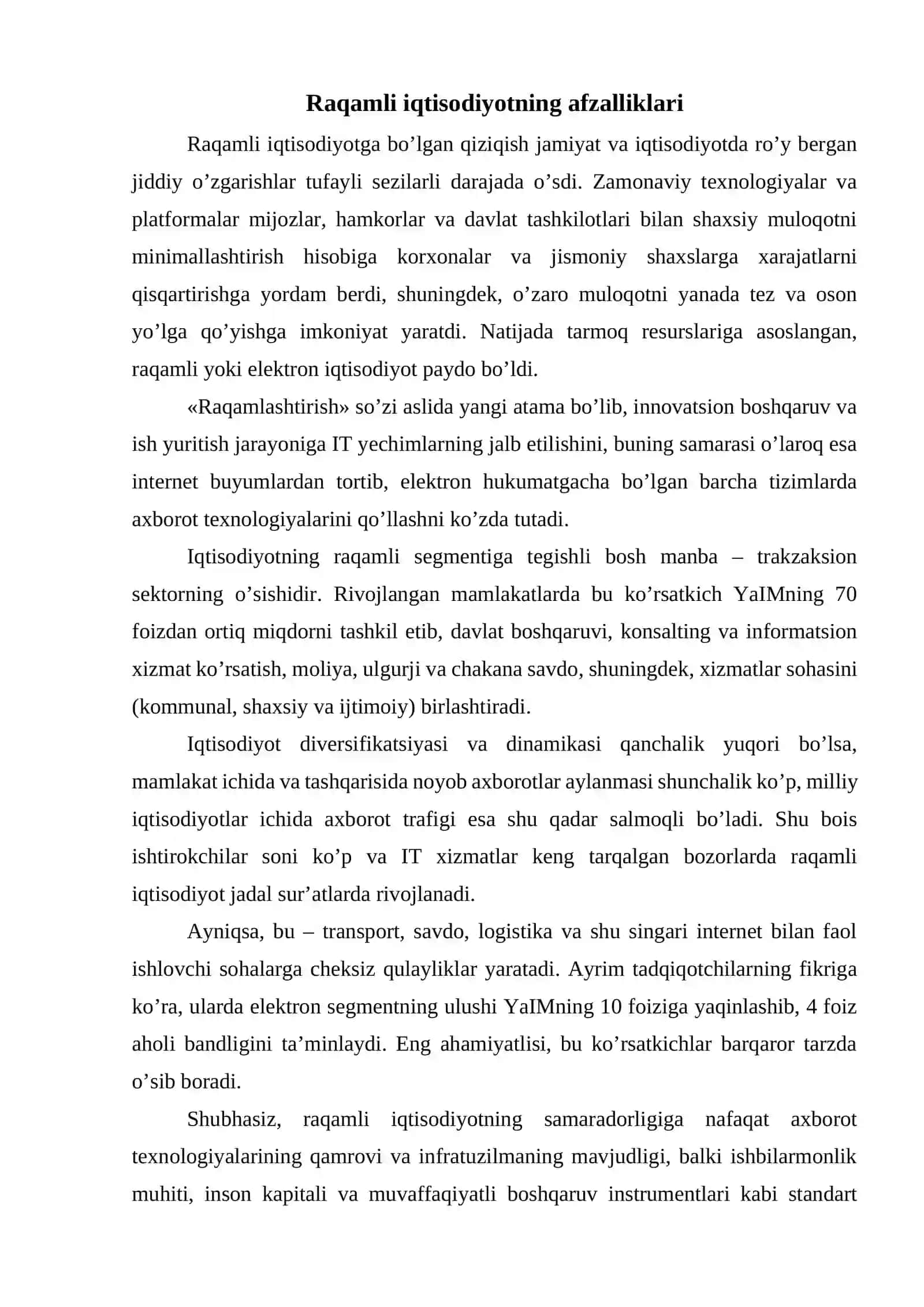 Raqamli iqtisodiyotning afzalliklari 2