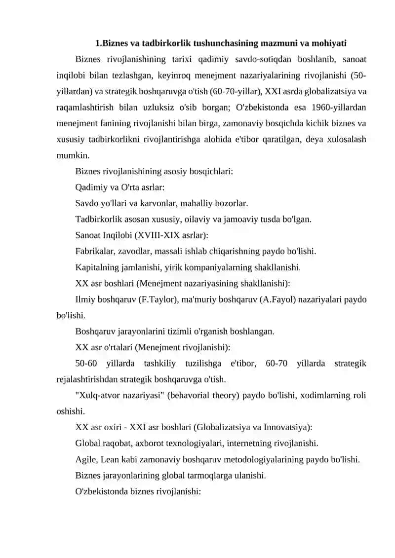 BIZNES RIVOJLANISHINING RIVOJLANISH TARIXI 2