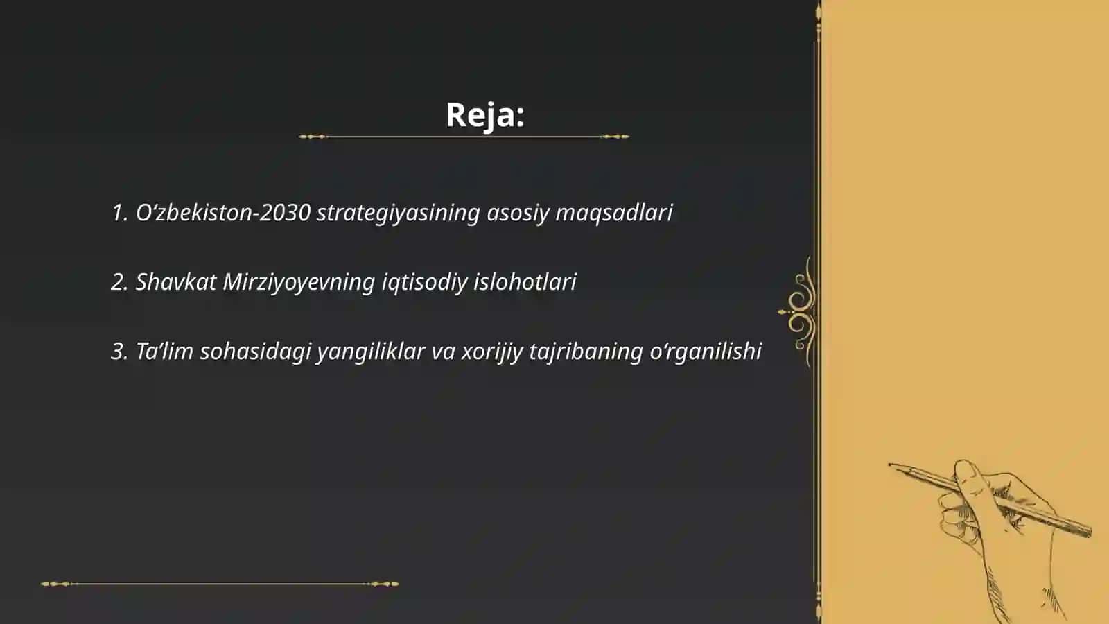 Oʻzbekiston-2030 strategiyasi va prezident Shavkat Mirziyoyev asarlari asosida milliy va xorijiy tajribani taqqoslash 2