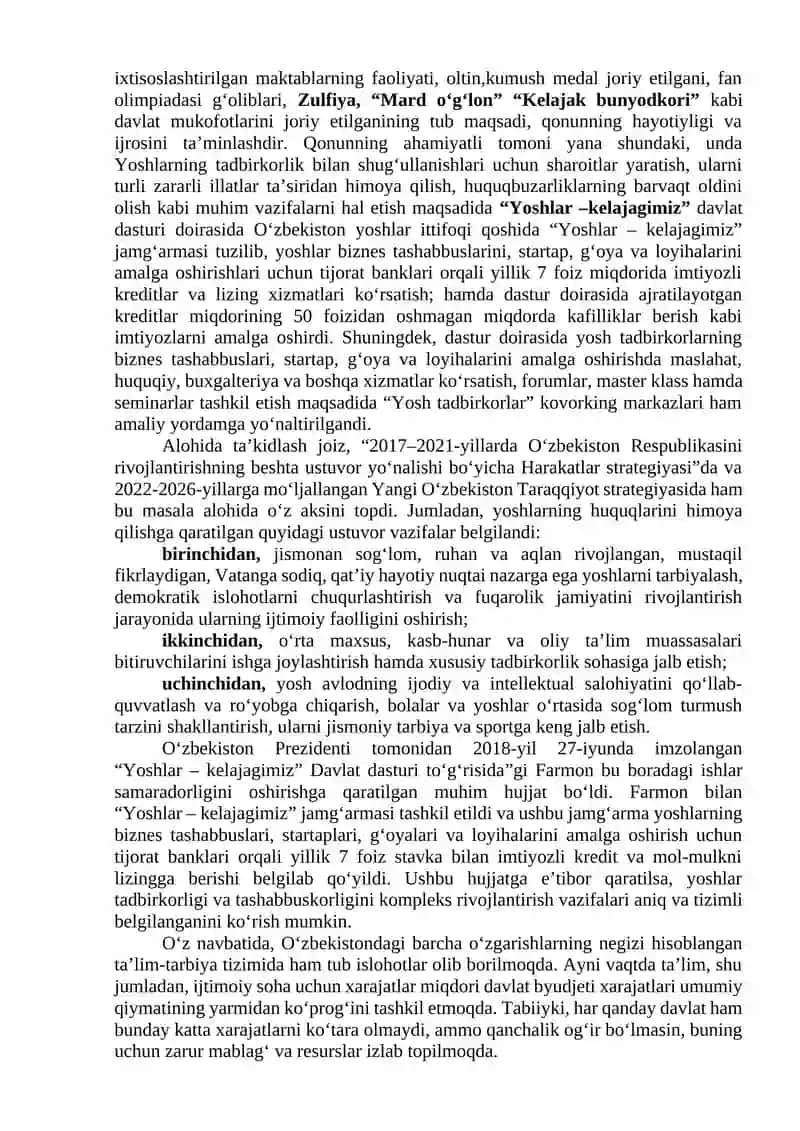 "Yangı O‘zbekiston yoshlari bugunimiz va istiqbolimiz poydevori" 2