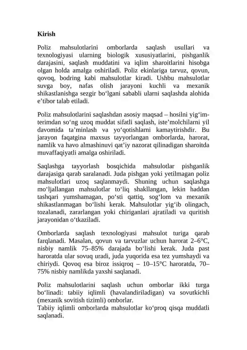 Poliz maxsulotlarini omborlarda saqlash usullari va texnologiyasi. 2
