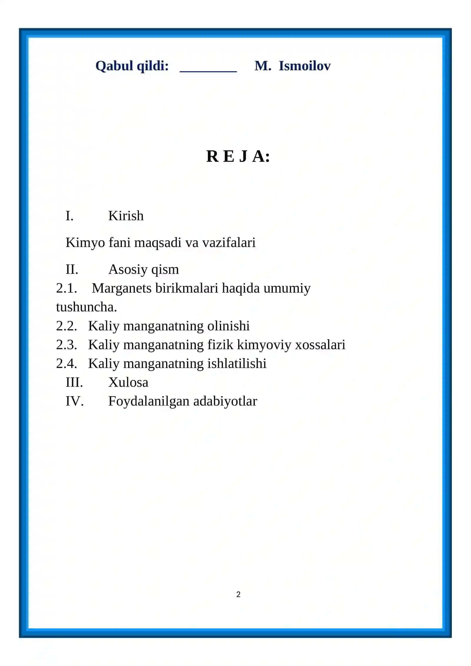 Kaliy manganatning olinishi va xossalari 2