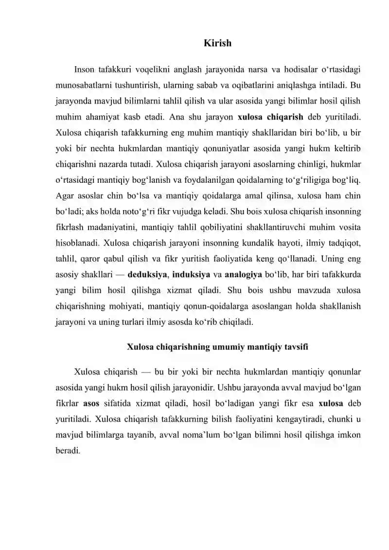 Xulosa chiqarishning umumiy mantiqiy tavsifi 2