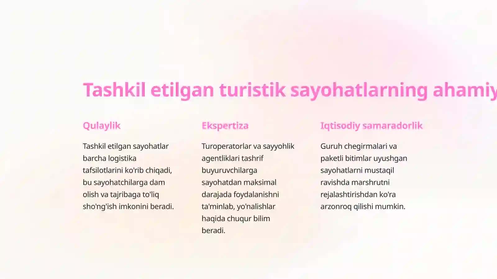 Tashkil etilgan turistik sayohatlarning ahamiyati 2
