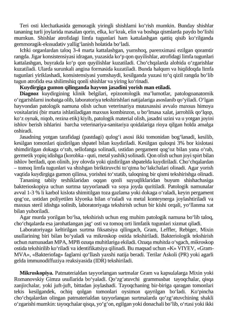Amaliy mashg‘ulot №2. Ekzotik va dekorativ hayvonlarda kuydirgi kasalligiga diagnoz qoʻyish, davolash va oldini olish chora-tadbirlari 2