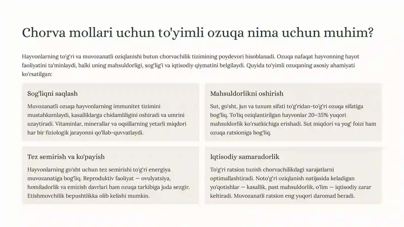Chorva mollarining ozuqa moddalariga talabi: Sog'lomlik va mahsuldorlik siri 2