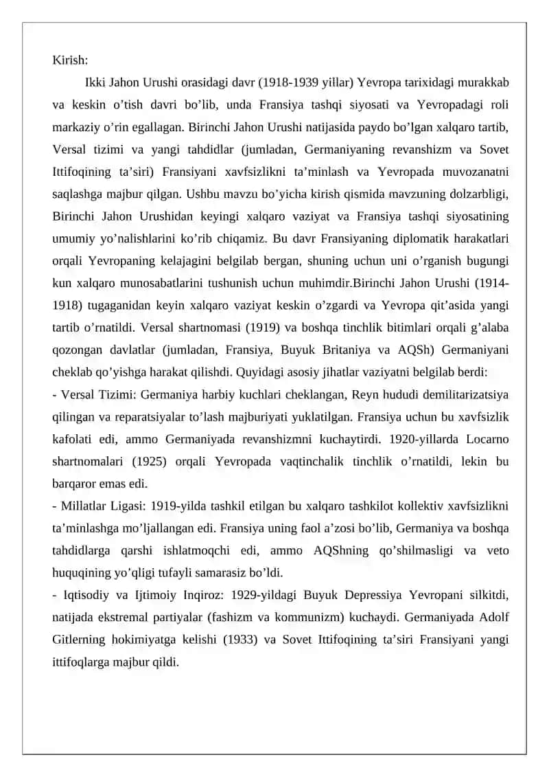 Ikkinchi jahon urushi orasida Fransiyaning tashqi siyosati va Yevropadagi ro’li 2