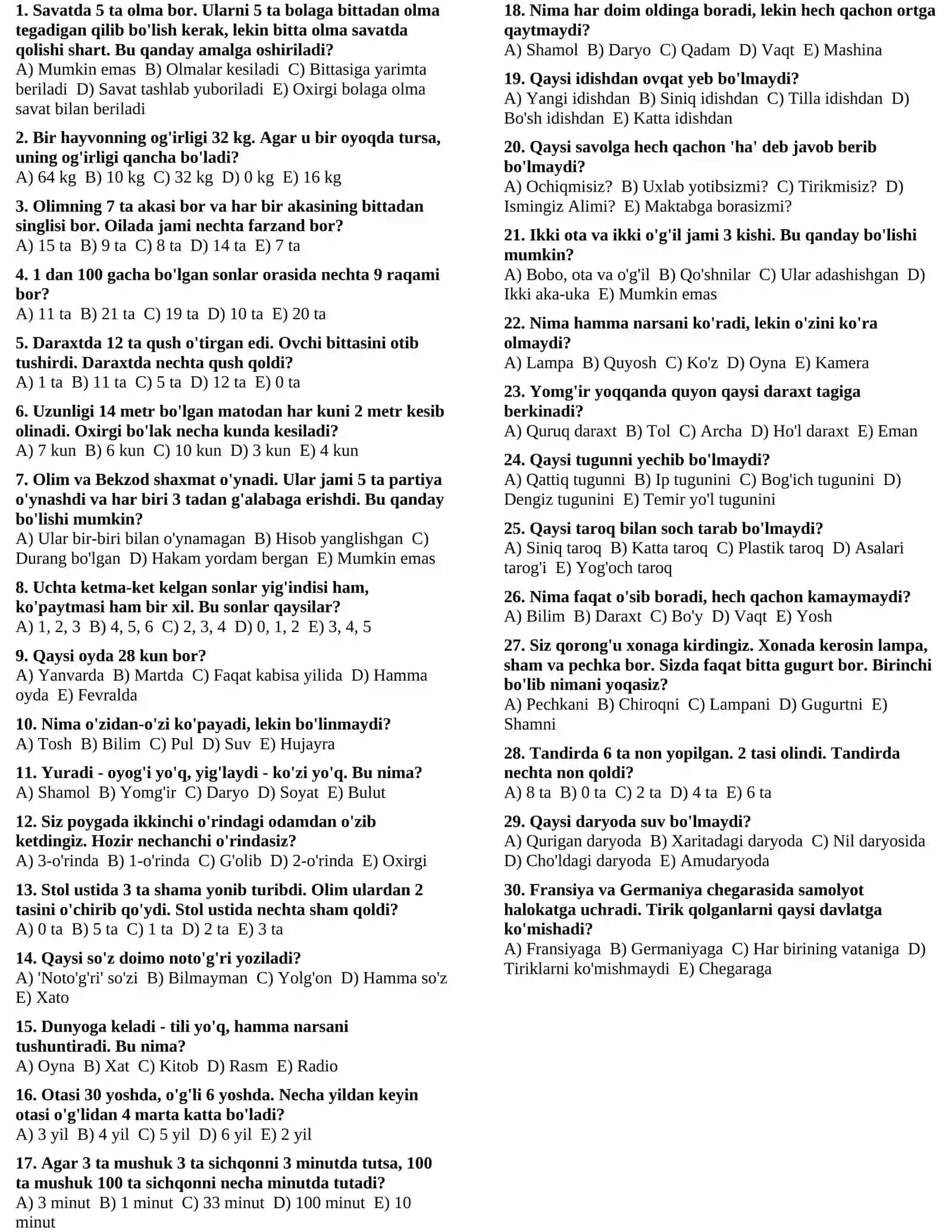 5-Sinflar uchun mantiqiy testlar 2