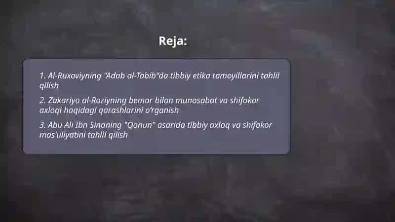 Tibbiy etika rivojida Al Ruxoviy Zakariyo al Roziy Abu Ali Ibn Sino Abu Amron Musabin Ma'mun va sharq mutaffakirlarini hissalarini tahlil qlish 2