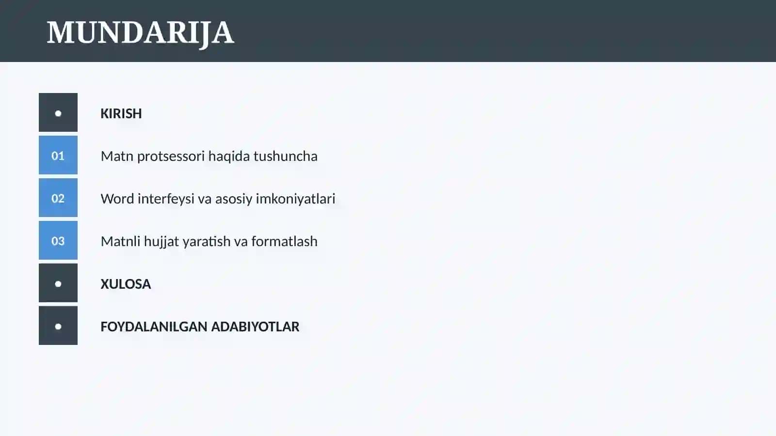 MICROSOFT WORD MATN PROTSESSORI. MATNLI XUJJATLAR BILAN ISHLASH 2