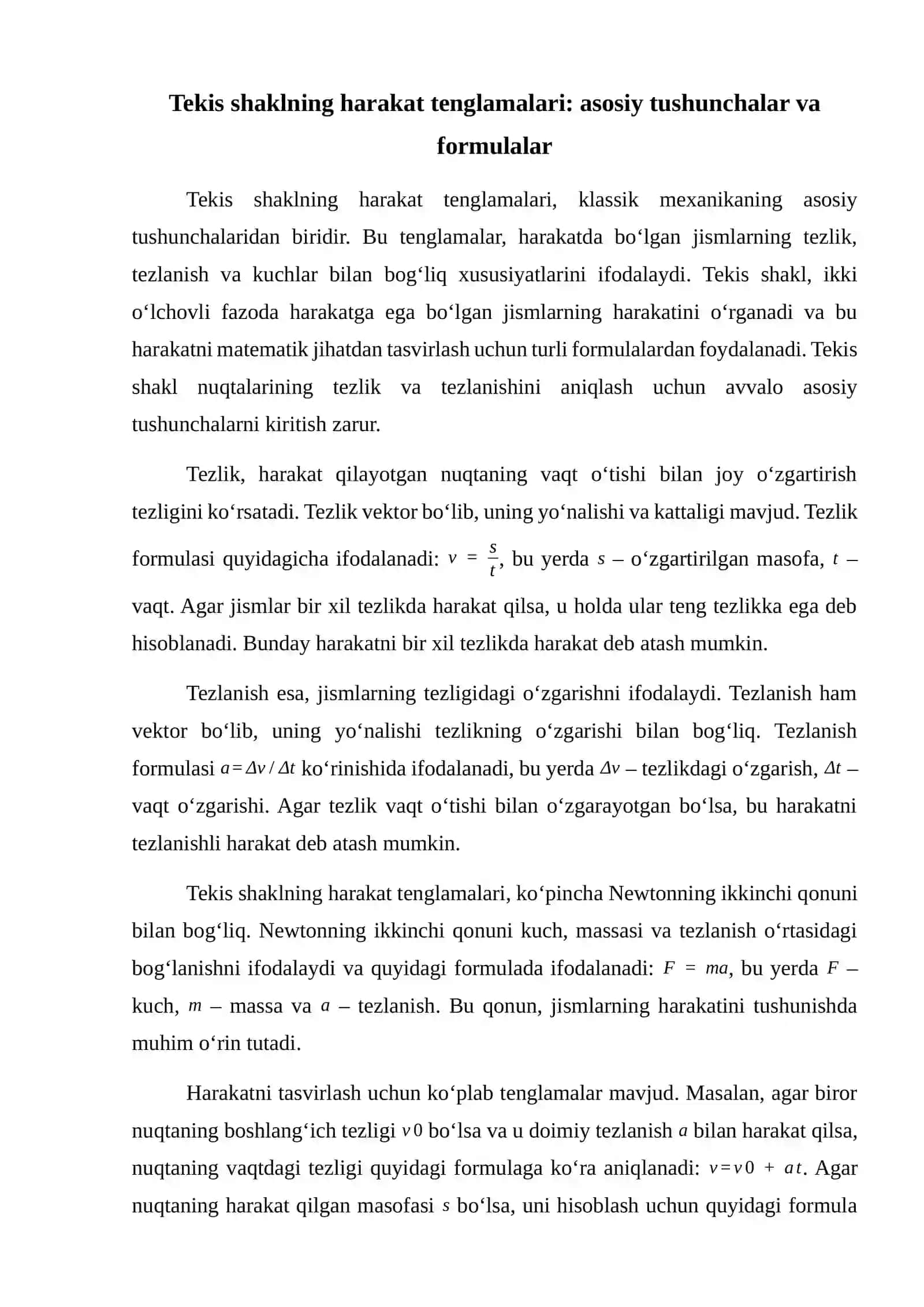 Tekis shaklning harakat tenglamalari. Tekis shakl nuqtalarining tezlik va tezlanishini tezliklar va tezlanishlar plani. 2